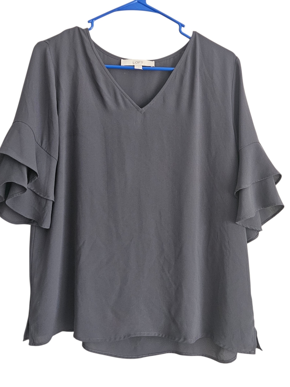 LOFT Charcoal V-Neck Ruffle Sleeve Blouse Size M